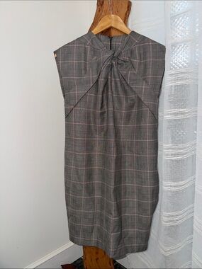 Gucci Gray Plaid Sleeveless Midi Dress with Neck Bow